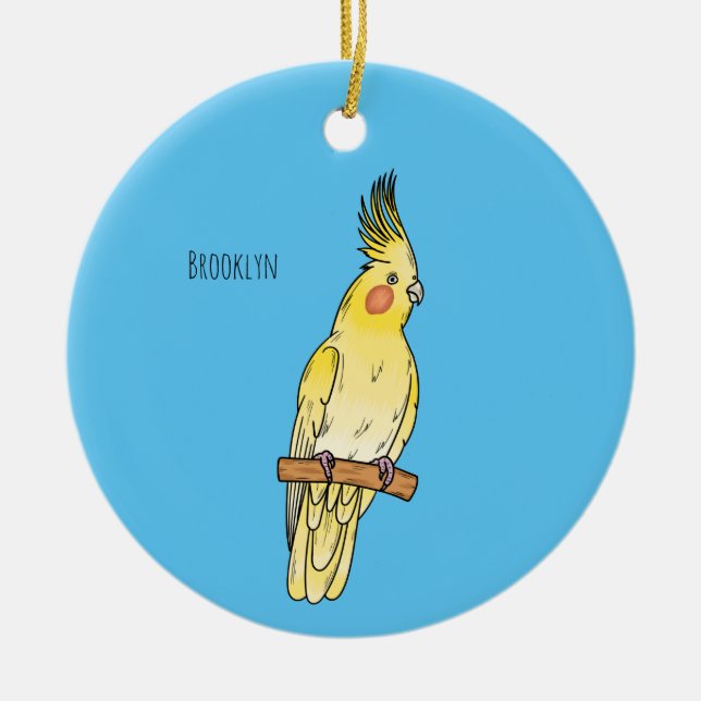 Cockatiel bird cartoon illustration  ceramic tree decoration (Front)