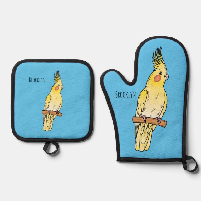 Cockatiel bird cartoon illustration  oven mitt & pot holder set (Front)