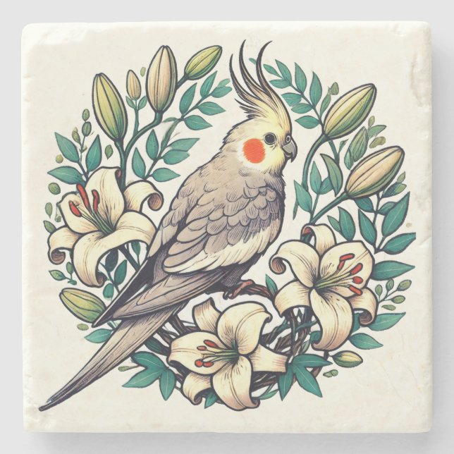 Cockatiel Bird Illustration                        Stone Coaster (Front)