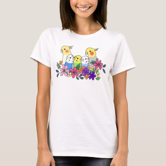 Cockatiel Budgie Parakeet with flower pet bird   T-Shirt (Front)