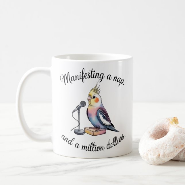 Cockatiel Manifesting Mug - Funny Bird Lover Coffe (With Donut)