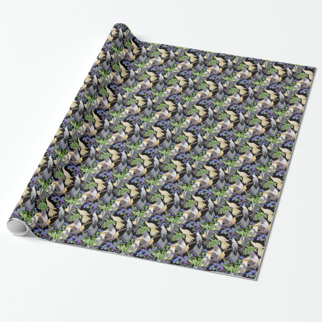 Cockatiel Parrots in Forget Me Nots Wrapping Paper (Unrolled)