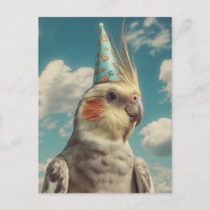 Cockatiel with Birthday Hat Against Blue Sky Postcard