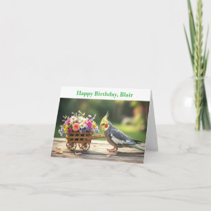 Cockatiel with Flowers Custom name & text birthday Card