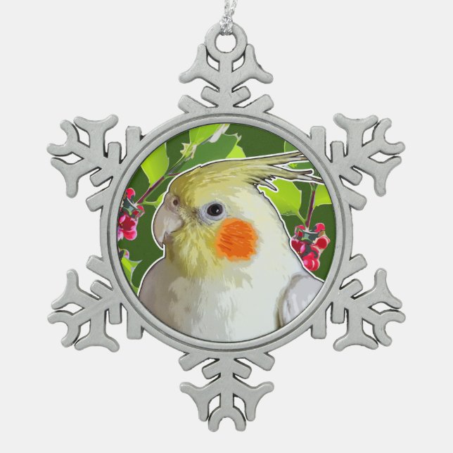 Cockatiel With Green Holly Leaves and Red Berries Snowflake Pewter Christmas Ornament (Front)