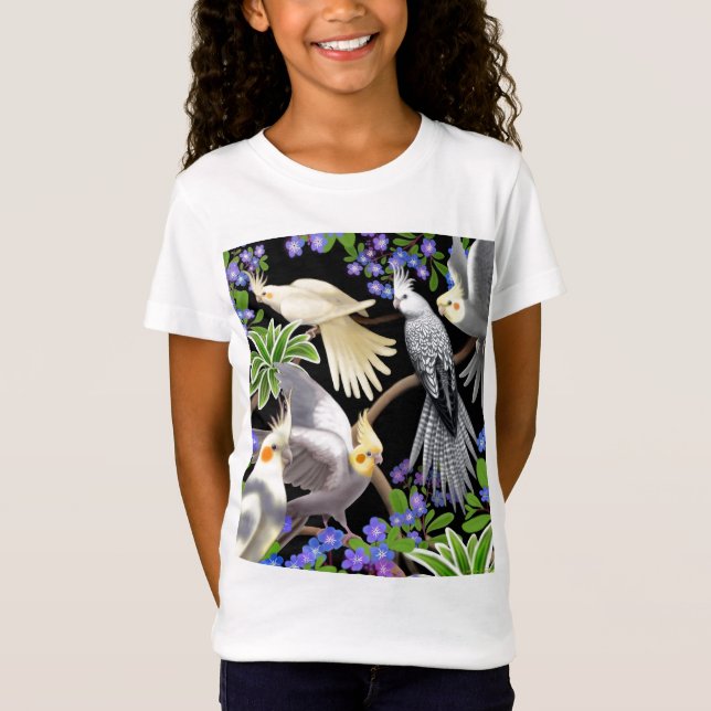 Cockatiels and Flowers Girls Baby Doll T-Shirt (Front)