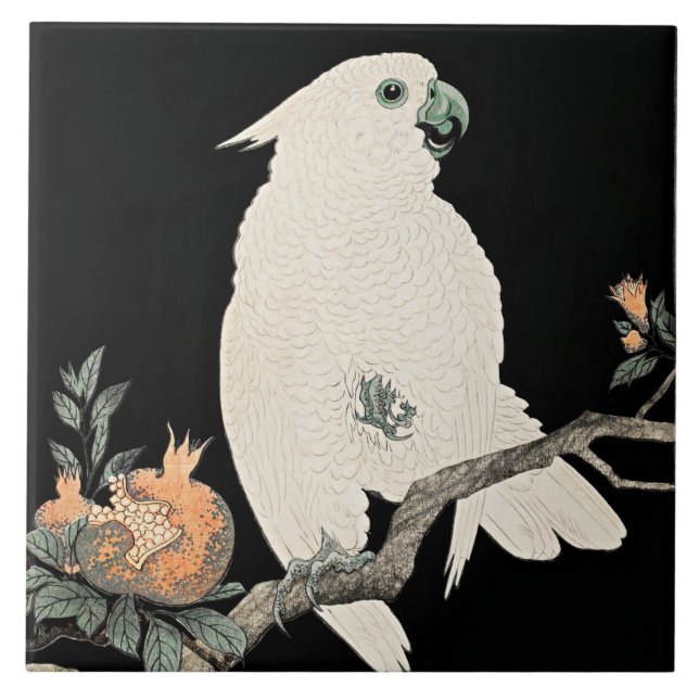 Cockatoo and Pomegranate, fine art by Ohara Koson Tile (Front)