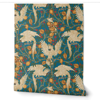 Cockatoo and Pomegranate in orient blue Wallpaper