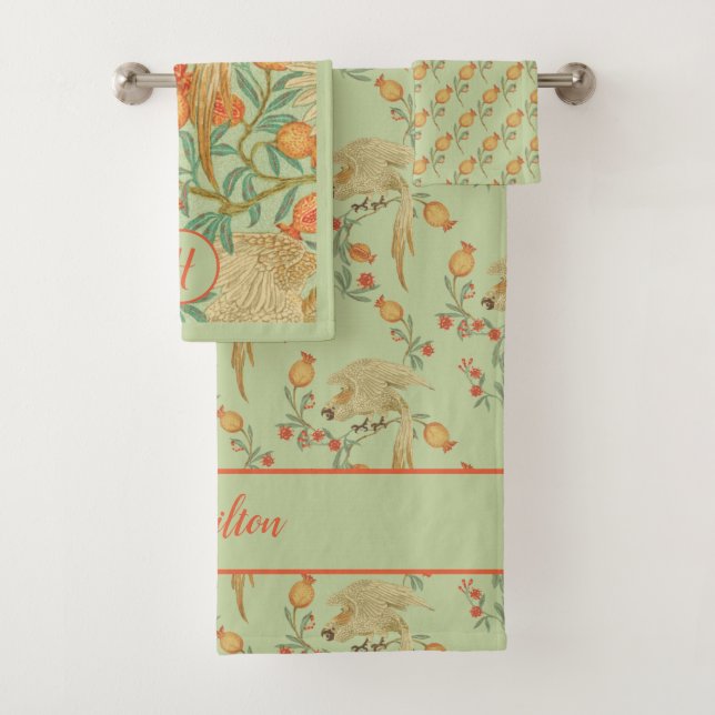 Cockatoo and Pomegranate Orange and Green  Bath Towel Set (Insitu)