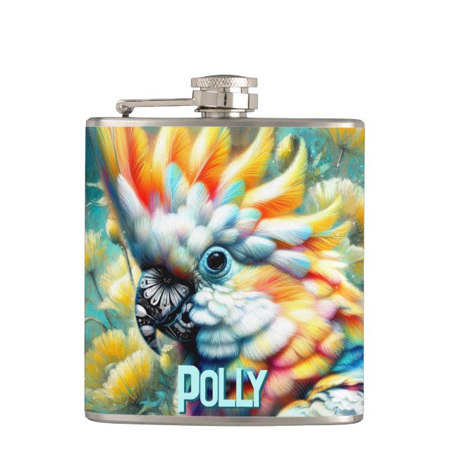 Cockatoo Bird Yellow Poppies Personalised Hip Flask (Front)