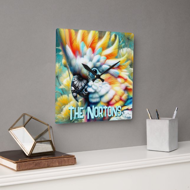 Cockatoo Bird Yellow Poppies Personalised Square Wall Clock (Office)