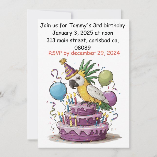 cockatoo perched on birthday cake balloons invitation (Front)