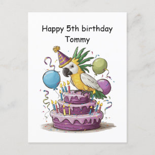 cockatoo perched on birthday cake balloons postcard