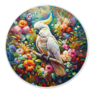 Cockatoo with Colourful Flowers Ceramic Knob