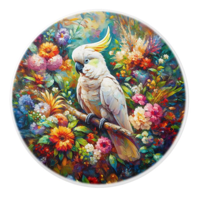 Cockatoo with Colourful Flowers Ceramic Knob (Front)