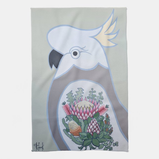 Cockatoo with King Protea Tattoo Tea Towel (Vertical)