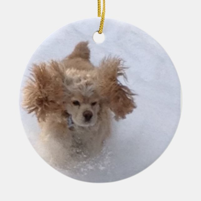"COCKER LOVE THE SNOW" CERAMIC ORNAMENT (Front)