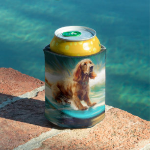 Cocker Spaniel Beach Surfing Painting Can Cooler
