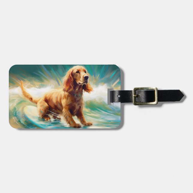Cocker Spaniel Beach Surfing Painting Luggage Tag (Front Horizontal)
