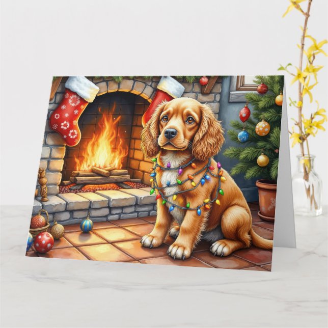 Cocker Spaniel by Fireplace with Christmas Lights Card (Yellow Flower)