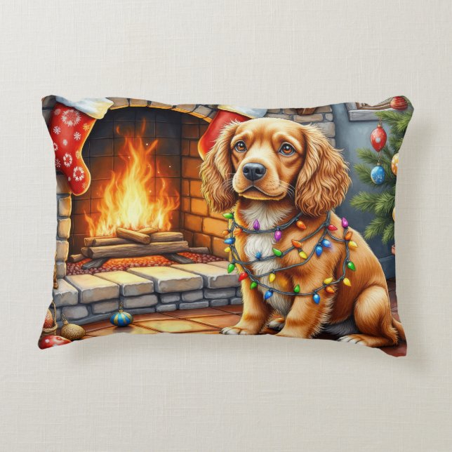 Cocker Spaniel by Fireplace with Christmas Lights Decorative Cushion (Back)