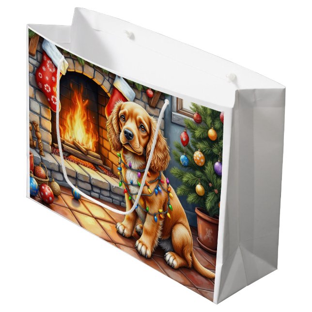 Cocker Spaniel by Fireplace with Christmas Lights Large Gift Bag (Front Angled)