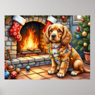 Cocker Spaniel by Fireplace with Christmas Lights Poster