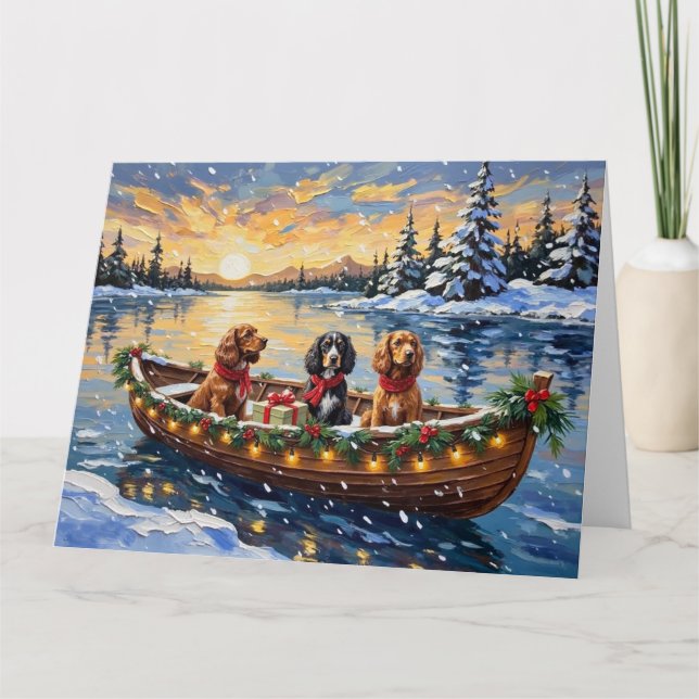 Cocker Spaniel Christmas Boat Holiday Card (Front)