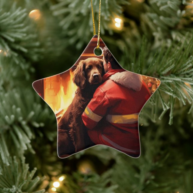 Cocker Spaniel Christmas Ornament, Fireman Pet  Ceramic Tree Decoration (Tree)