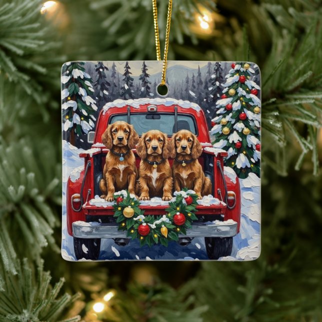 Cocker Spaniel Christmas Red Truck Holiday Ceramic Ornament (Tree)
