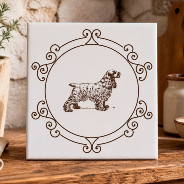 Cocker Spaniel Decorative Ceramic Tile (Cottage charm meets heritage style in this elegant ceramic tile with vintage dog artwork)