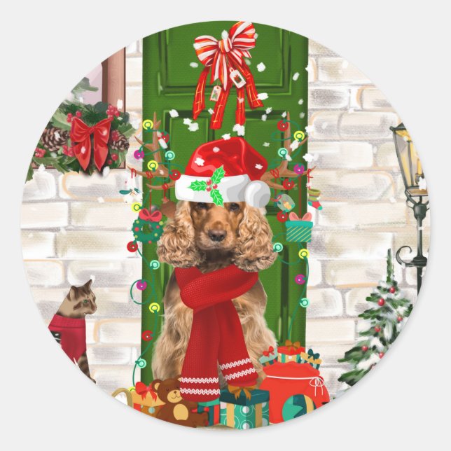 Cocker Spaniel Dog Christmas  Classic Round Sticker (Front)