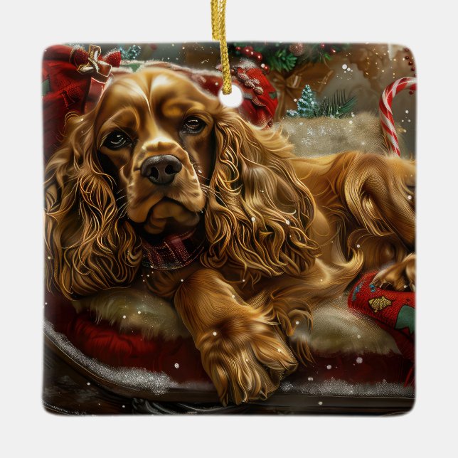 Cocker Spaniel Dog Christmas Festive Ceramic Ornament (Front)