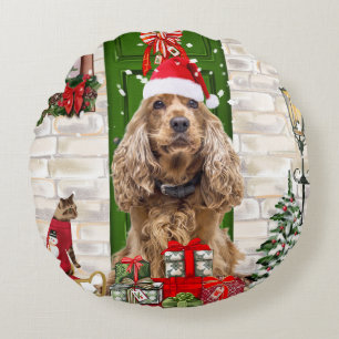 Cocker Spaniel Dog Christmas   Round Cushion