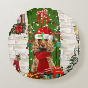 Cocker Spaniel Dog Christmas Round Cushion
