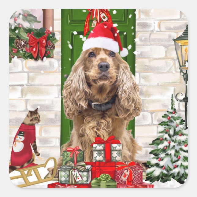 Cocker Spaniel Dog Christmas Square Sticker (Front)