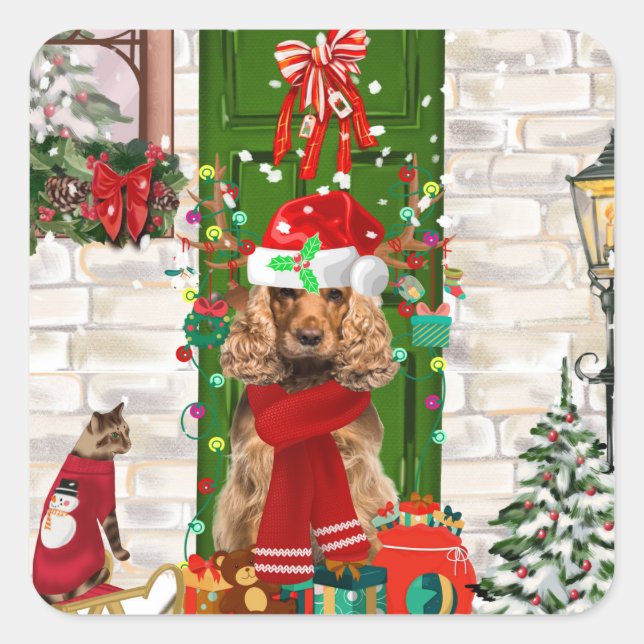 Cocker Spaniel Dog Christmas Square Sticker (Front)