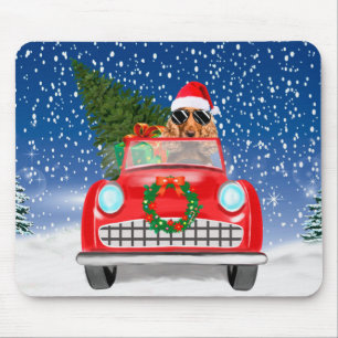 Cocker Spaniel Dog Driving Car In Snow Christmas Mouse Pad