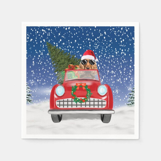 Cocker Spaniel Dog Driving Car In Snow Christmas  Napkin (Front)