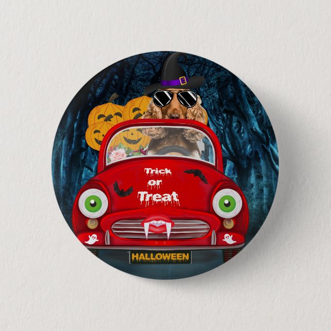 Cocker Spaniel Dog Driving Car Scary Halloween  6 Cm Round Badge (Front)