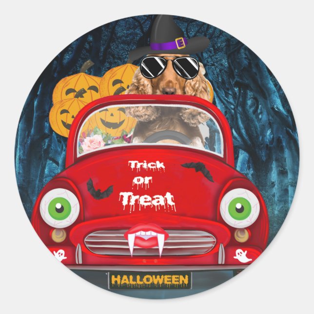 Cocker Spaniel Dog Driving Car Scary Halloween  Classic Round Sticker (Front)