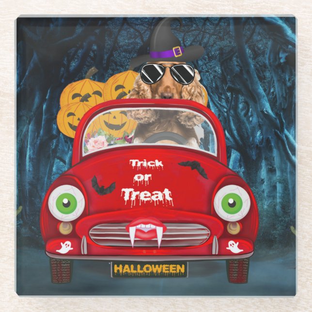 Cocker Spaniel Dog Driving Car Scary Halloween  Glass Coaster (Front)