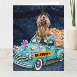 Cocker Spaniel Dog Halloween Truck Scary Night  Card