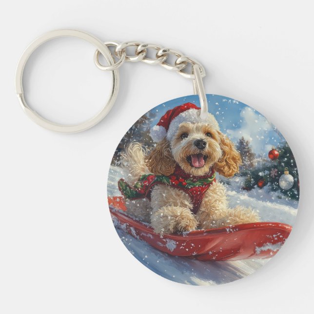 Cocker Spaniel Dog in Sledge Let it Snow Christmas Key Ring (Front)