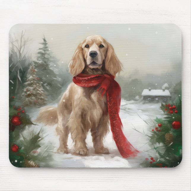Cocker Spaniel Dog in Snow Christmas Mouse Pad (Front)