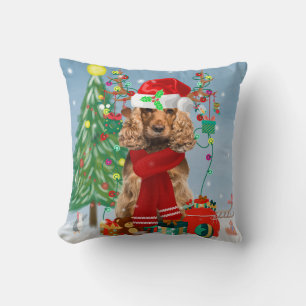 Cocker Spaniel Dog in Snow with Christmas Gifts  Cushion