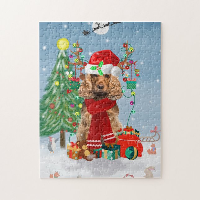 Cocker Spaniel Dog in Snow with Christmas Gifts Jigsaw Puzzle (Vertical)