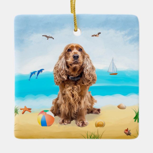 Cocker Spaniel Dog on Beach Ceramic Ornament (Front)