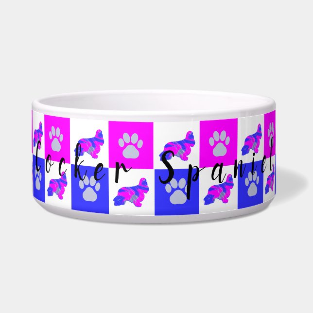 Cocker Spaniel Dog & Paw Hot Pink & Blue Pet Bowl (Front)