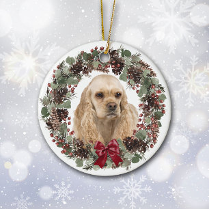 Cocker Spaniel Dog Pinecone Wreath Personalized  Ceramic Tree Decoration